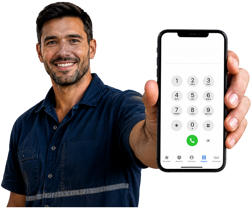 Camden South Blocked Drains plumber holding a phone — call 1300 261 965