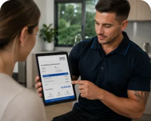 Plumber showing a Camden South customer the quote on a tablet