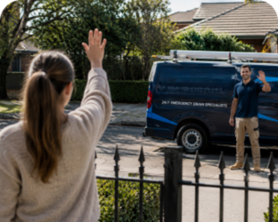 Customer waving goodbye to a Camden South Blocked Drains plumber